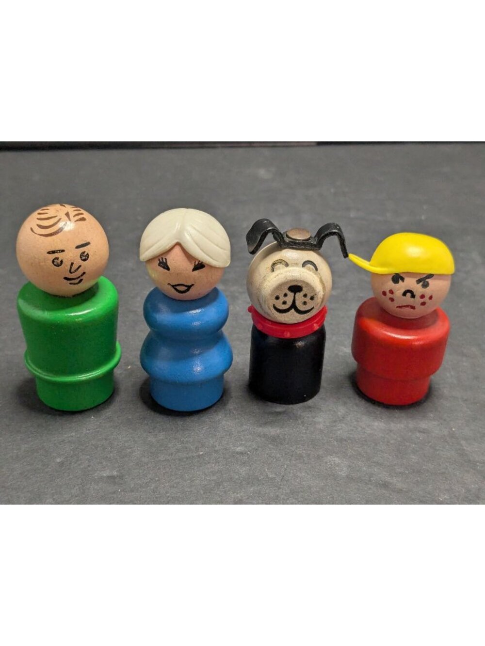 Vtg, Wood Fisher Price Little People Figures Lot Of 4 Including Dog Boy Lady Man